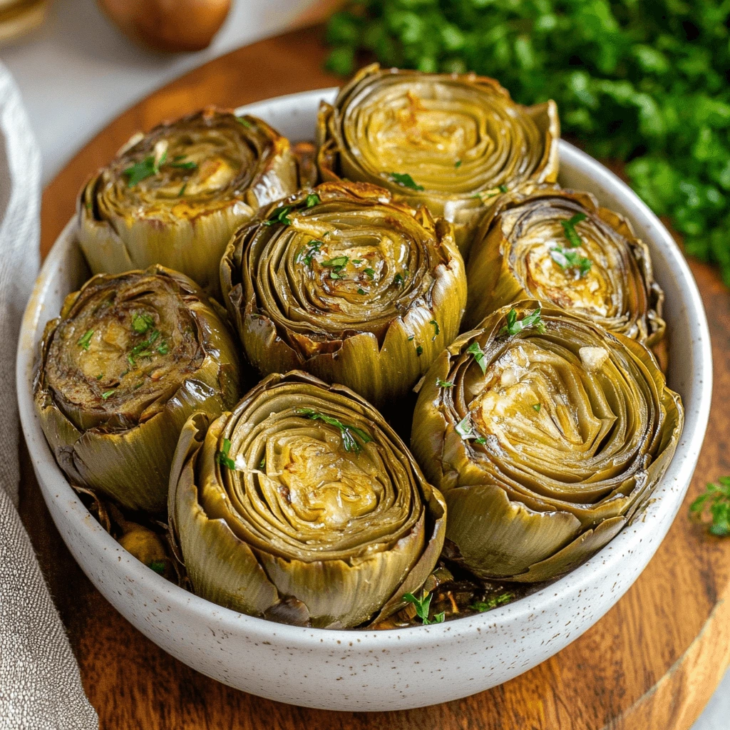 Sliced cooked artichokes arranged on a plate after steaming in an Instant Pot.