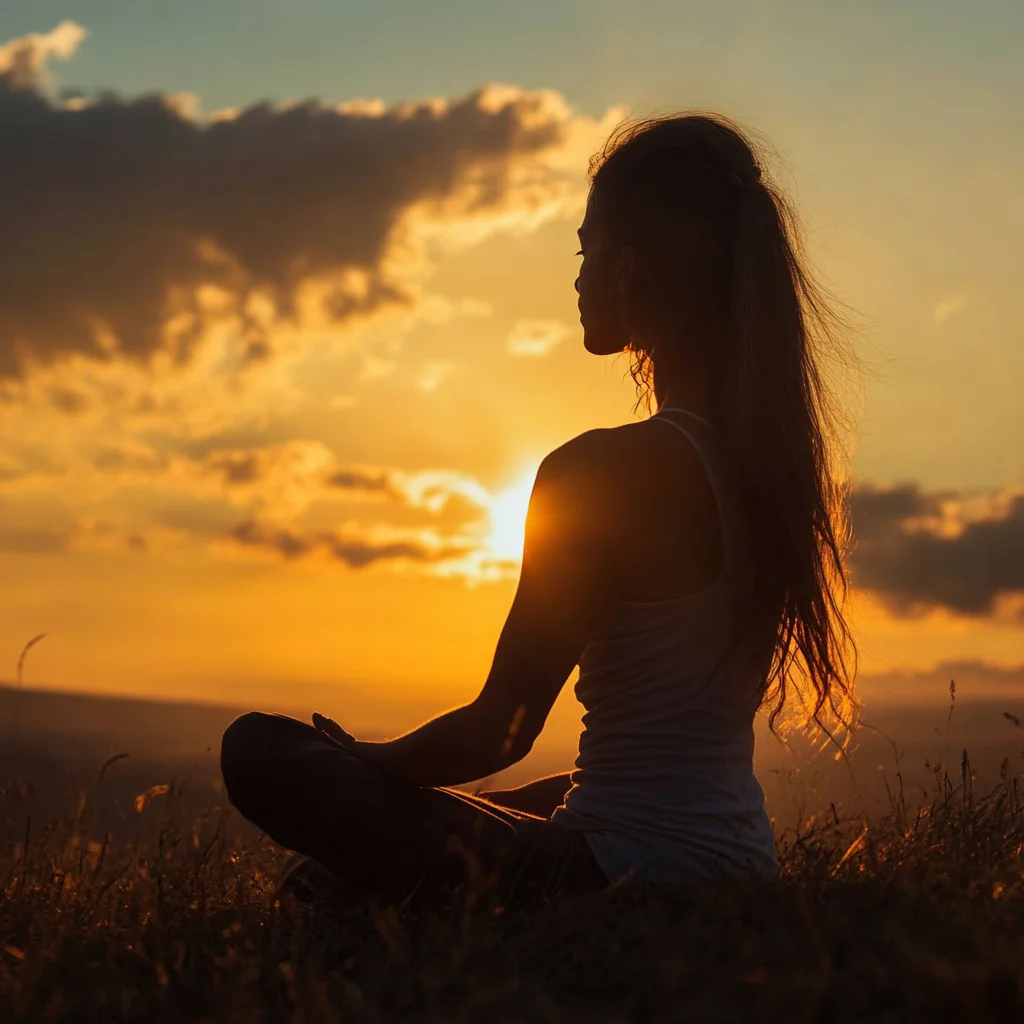 Person practicing meditation with deep breathing in a peaceful outdoor setting.