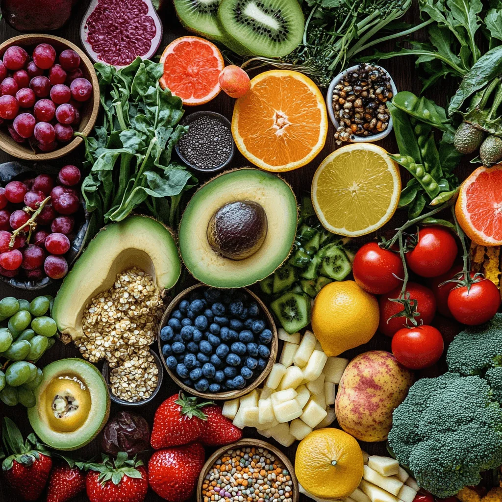  A colorful assortment of fresh vegetables and fruits rich in vitamins and nutrients.