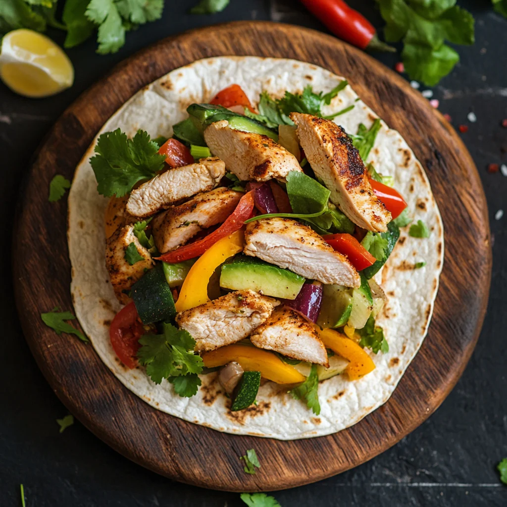 A low calorie tortilla wrap filled with fresh veggies and grilled chicken.