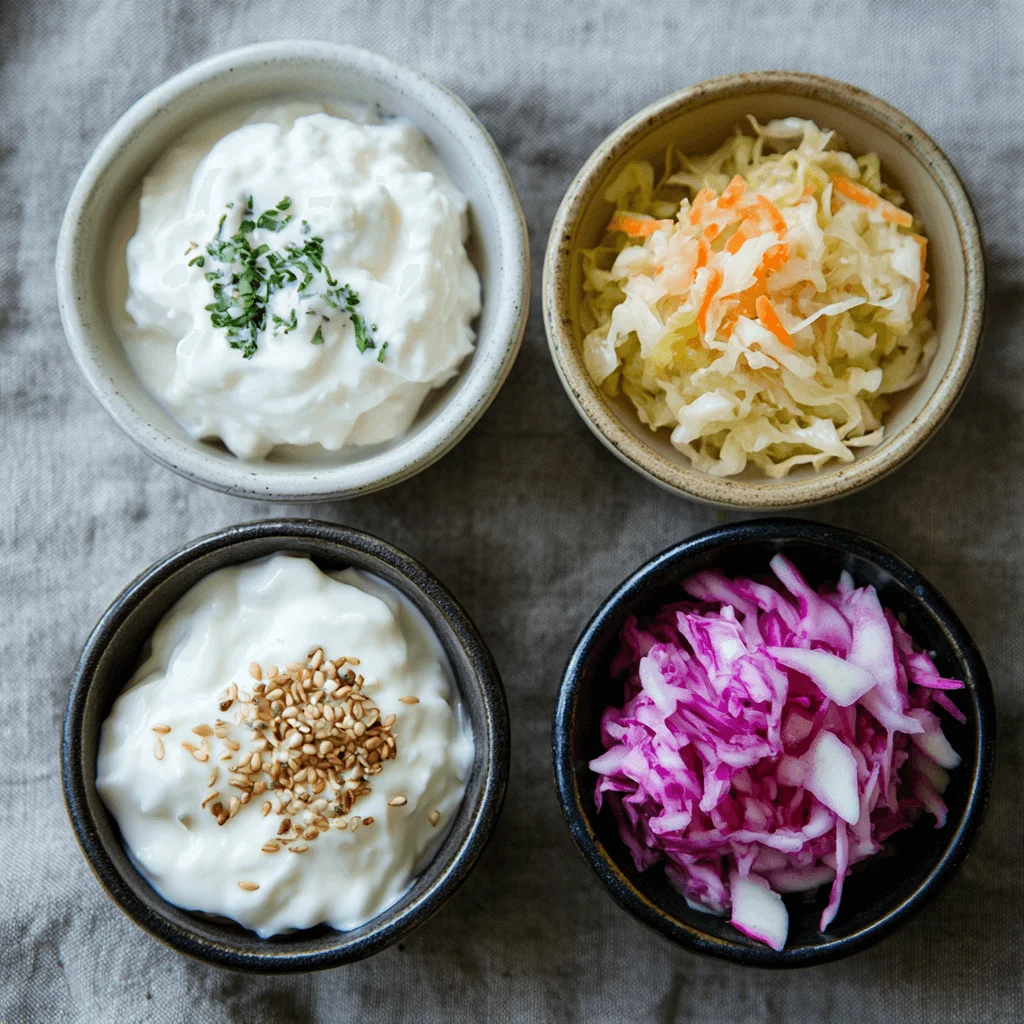 A variety of probiotic-rich foods including yogurt, kimchi, sauerkraut, and kefir.