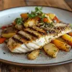 Grilled Swai fish fillet served with vegetables on a plate.