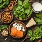 A variety of bone-healthy foods including dairy, leafy greens, fish, and nuts on a wooden table.