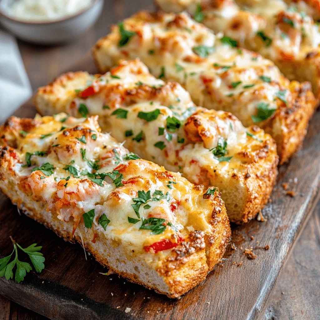 Golden-brown crawfish bread sliced on a board, topped with melted cheese and Cajun seasoning.