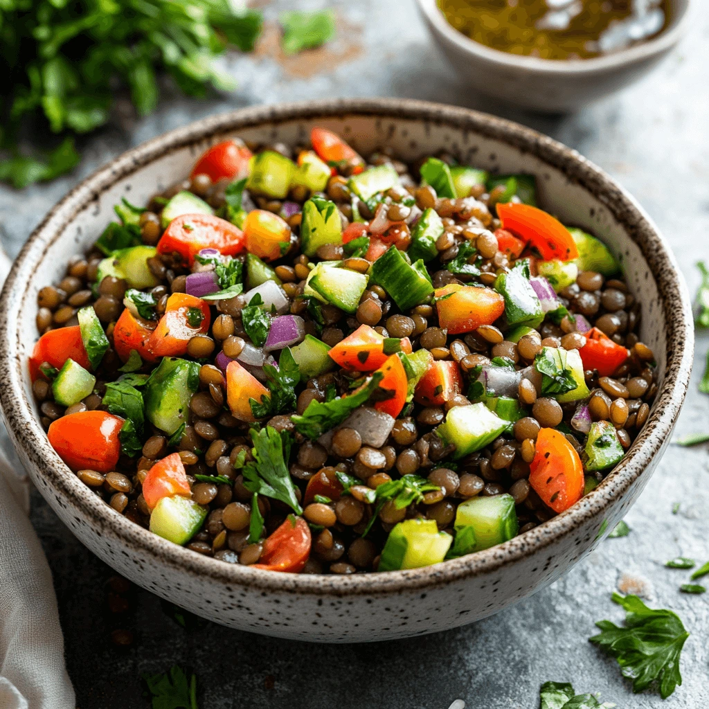 A vibrant, protein-packed herby lentil salad garnished with fresh parsley, cilantro, and dill.