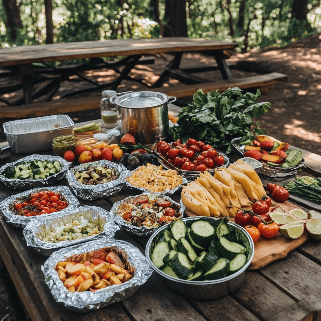 A camping table with foil packet meals, grilled vegetables, quinoa salad, and fresh fruit.