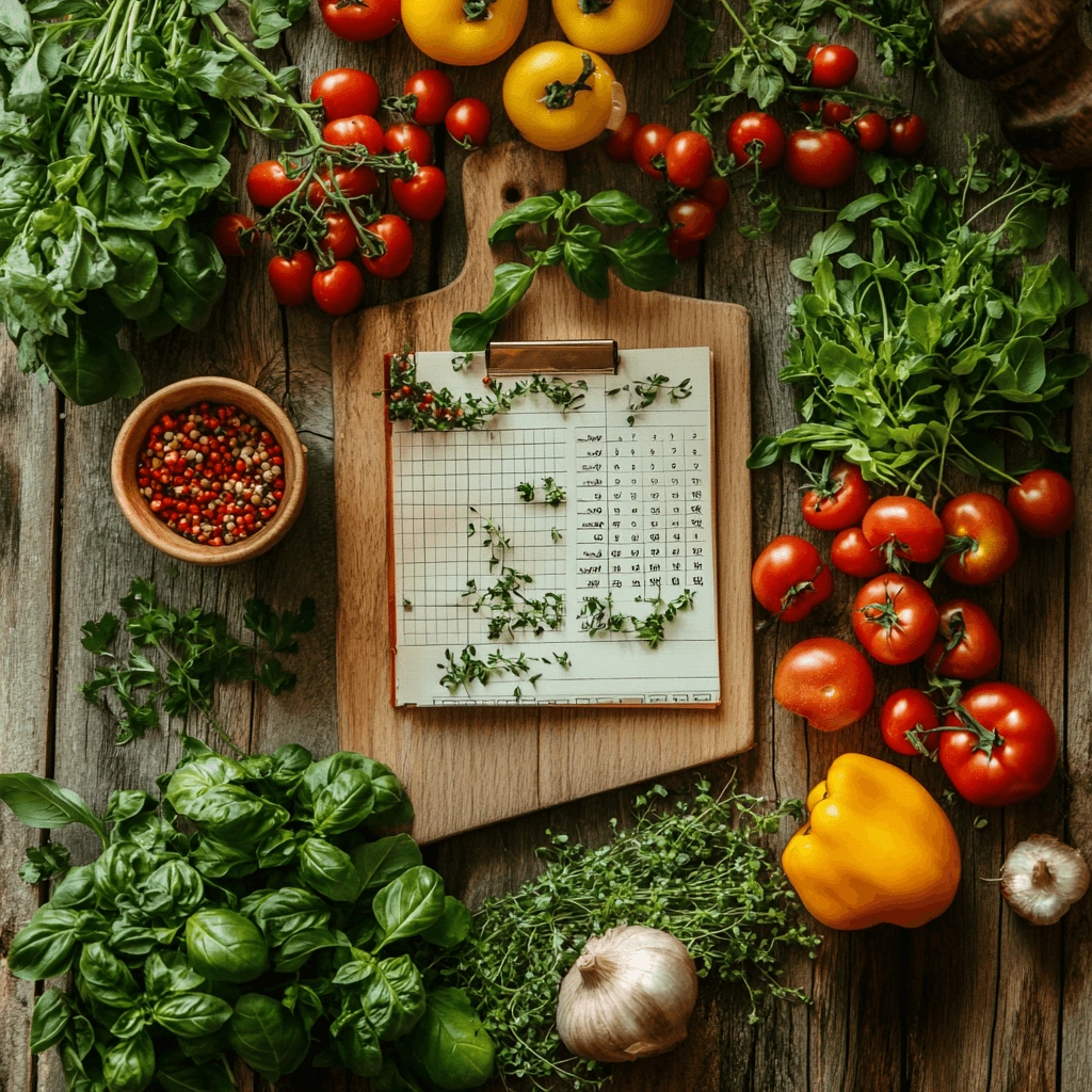 Colorful seasonal meal prep on kitchen countertop