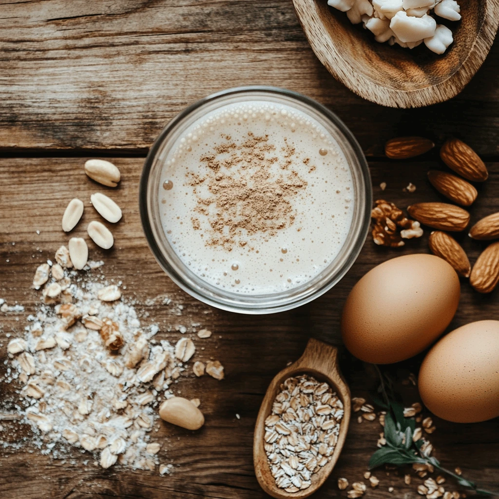 Paleo-friendly protein powders—collagen, bone broth, and egg white—next to a protein shake.