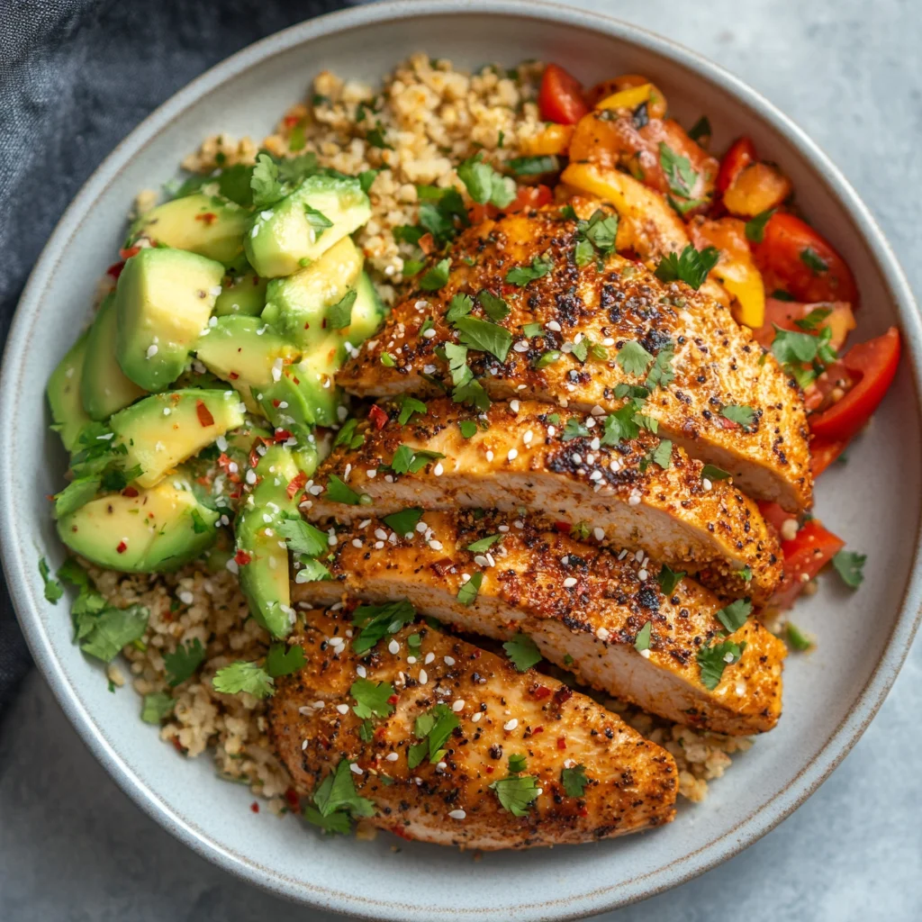 A beautifully plated dish of golden-brown, seasoned plant-based chicken, garnished with fresh herbs and served with a side of roasted vegetables.