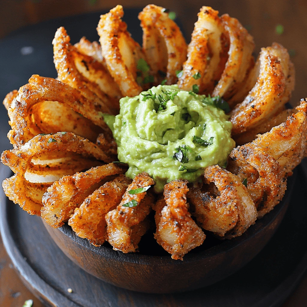 Crispy baked blooming onion served with creamy guacamole dip.