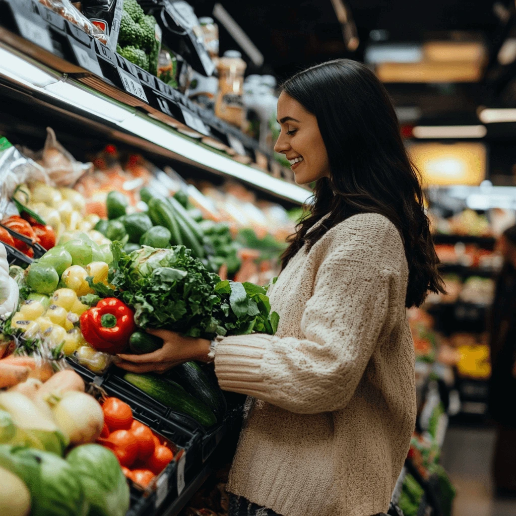 A visually engaging infographic displaying smart grocery shopping tips, including choosing whole foods, reading labels, meal planning, and shopping on a budget.