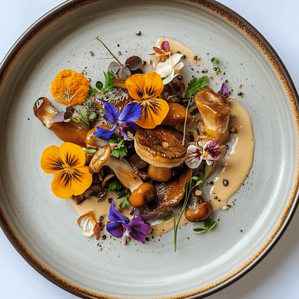 A beautifully plated vegan mushroom dish with fresh herbs and a creamy sauce, served on a rustic plate.