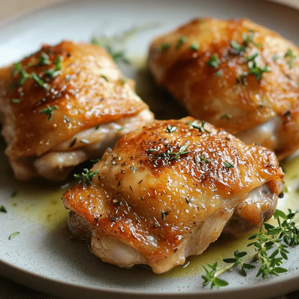 Golden crispy bone-in chicken thighs garnished with fresh herbs on a serving plate.