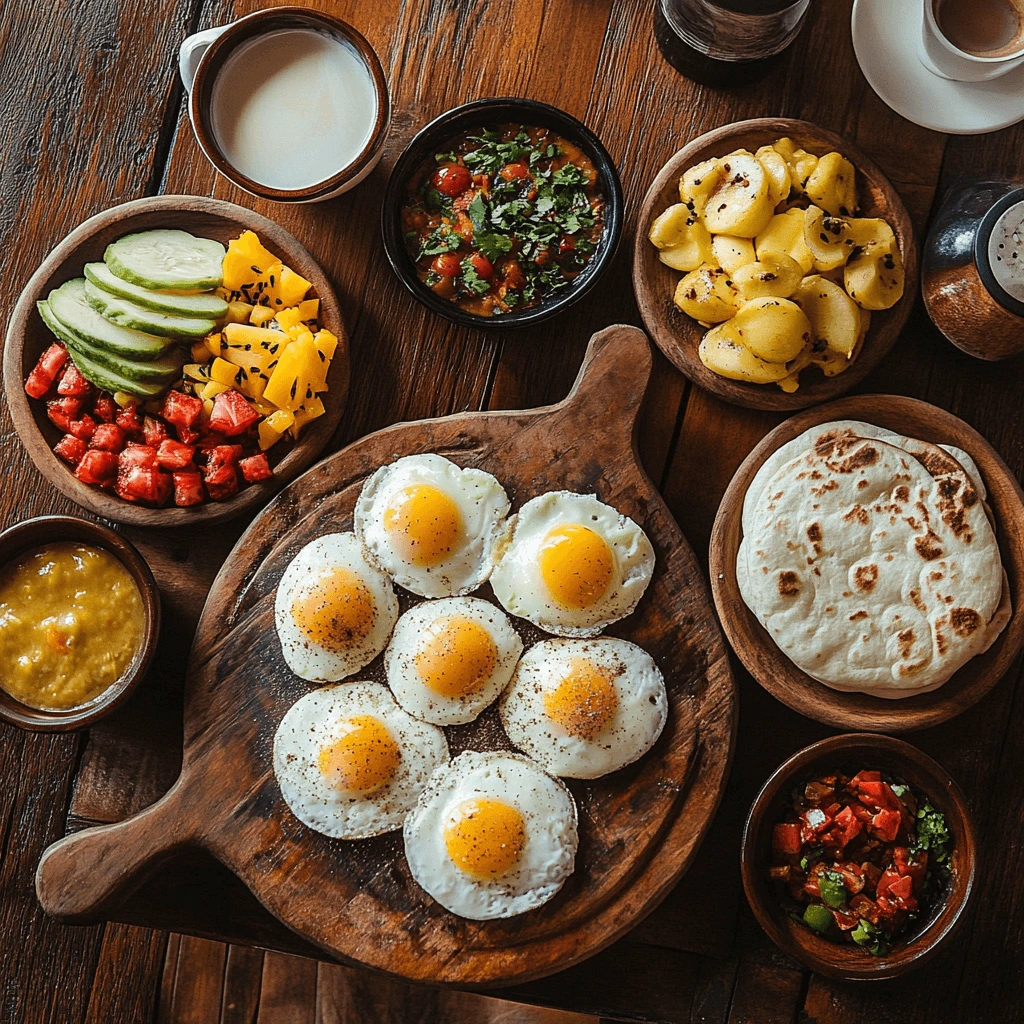 Traditional Colombian breakfast with arepas, calentado, huevos pericos, and coffee.