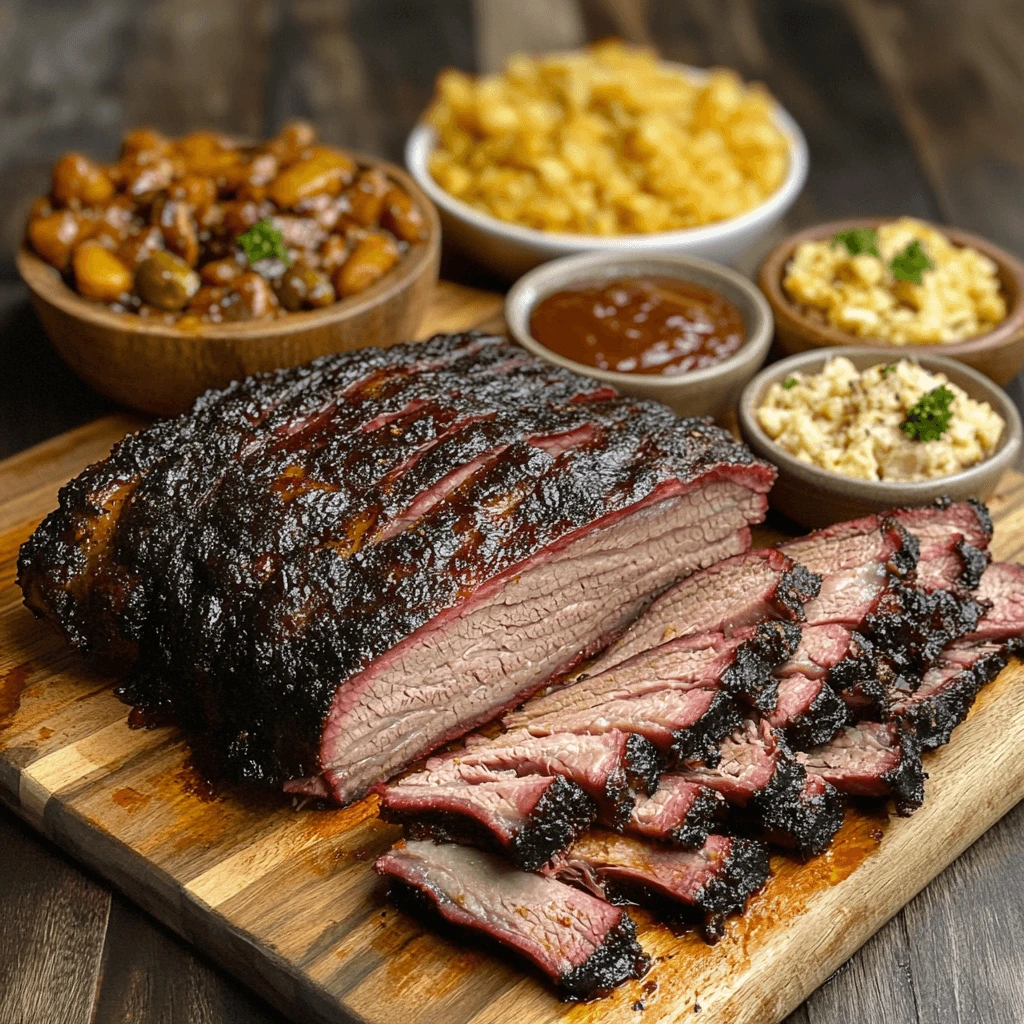 Perfectly smoked brisket sliced on a wooden cutting board, served with coleslaw, BBQ sauce, and cornbread.