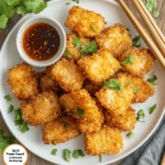 Golden prawn toast triangles topped with sesame seeds and scallions, served with dipping sauce and chopsticks on a white plate. Easy 20-minute appetizer – no deep frying needed.