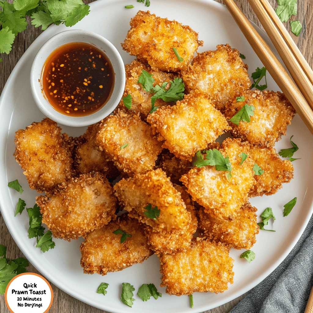 Golden prawn toast triangles topped with sesame seeds and scallions, served with dipping sauce and chopsticks on a white plate. Easy 20-minute appetizer – no deep frying needed.