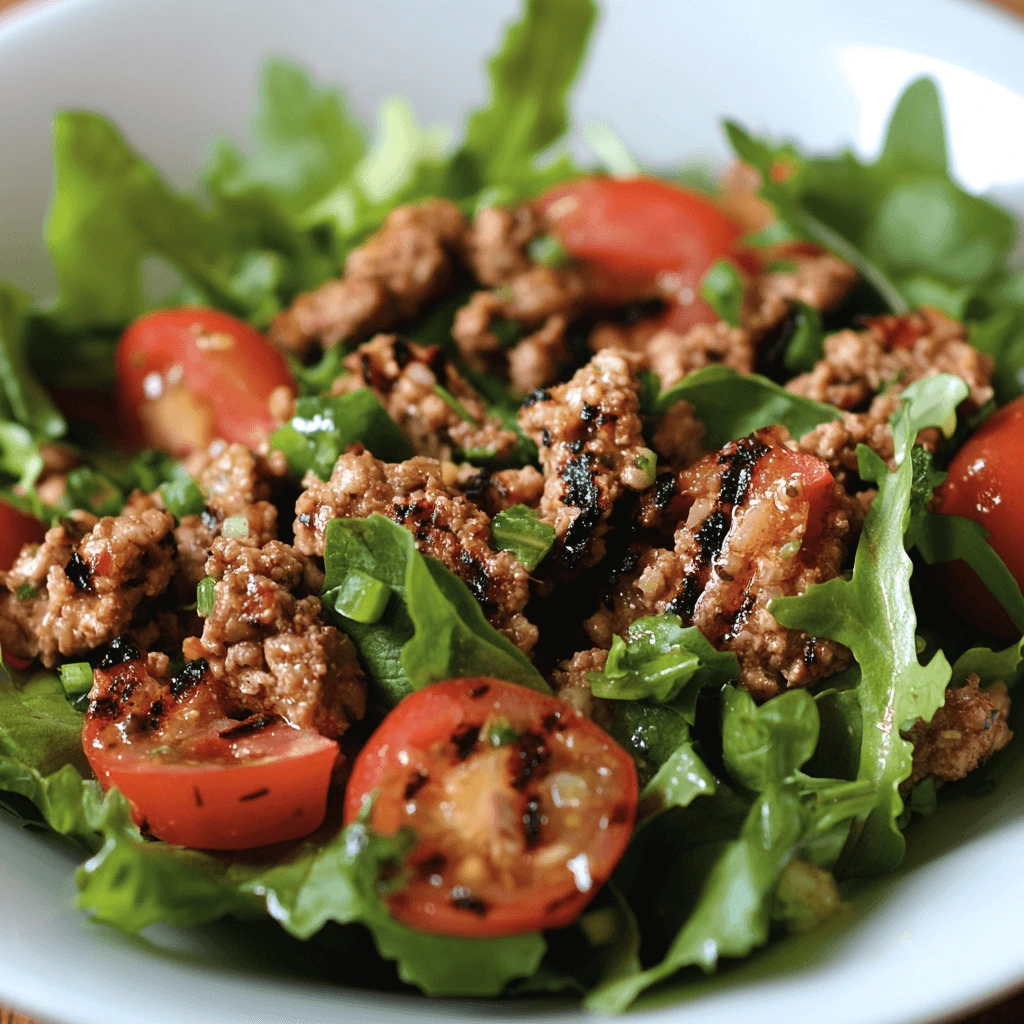 Grilled ground turkey patties served on a bed of fresh arugula, cherry tomatoes, and cucumbers in a black bowl.