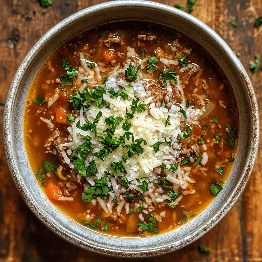 A bowl of porcupine soup with beef, rice, carrots, and fresh parsley topped with shredded parmesan cheese.