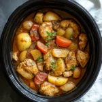 A colorful, high-protein slow cooker meal served in a white bowl with tender chicken, vegetables, and a light broth, ideal for healthy weight loss.