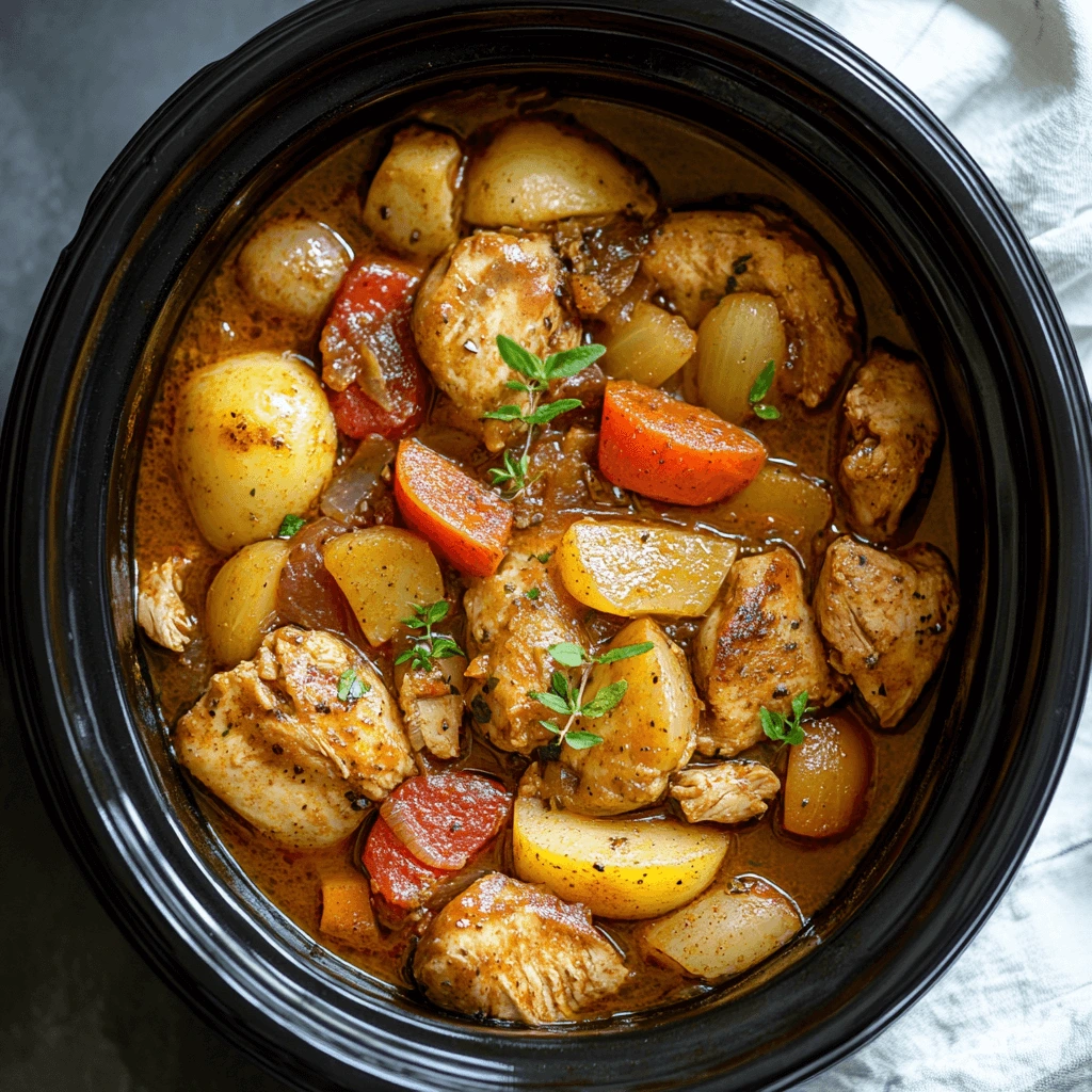 A colorful, high-protein slow cooker meal served in a white bowl with tender chicken, vegetables, and a light broth, ideal for healthy weight loss.